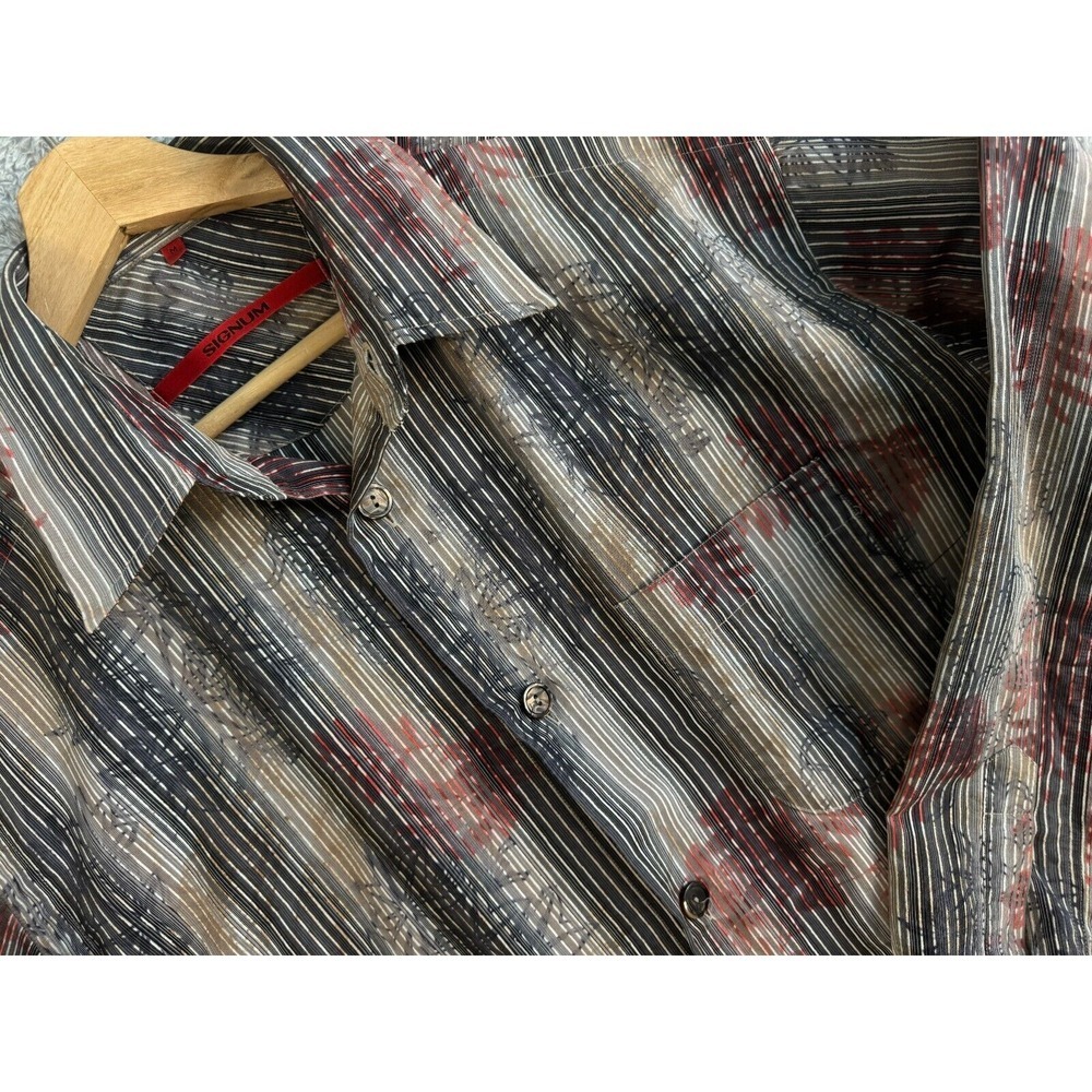 Signum Mens Medium Grey Red Striped Abstract Print Long Sleeve Button Down Shirt